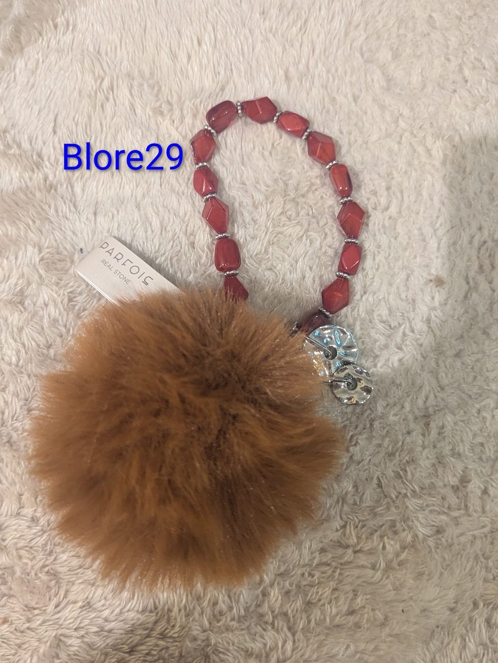 PARFOIS Brown Fur Pom Pom Keychain with Real Red Stones